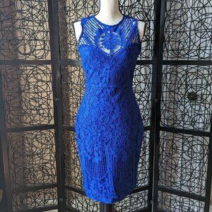 Lipsy London US 8 UK 12 cobalt blue sleeveless lace dress with keyhole and slit